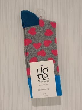 Happy Socks Gray Crew Socks with Pink Hearts Cotton Women 6 To 10 Shoe